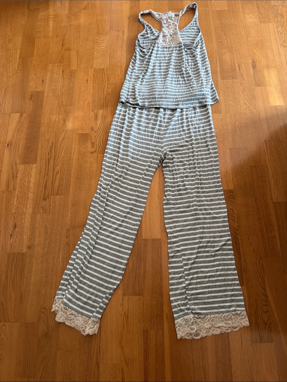 Honeydew Intimates Gray & White Striped Lace-Trim Pajama Set